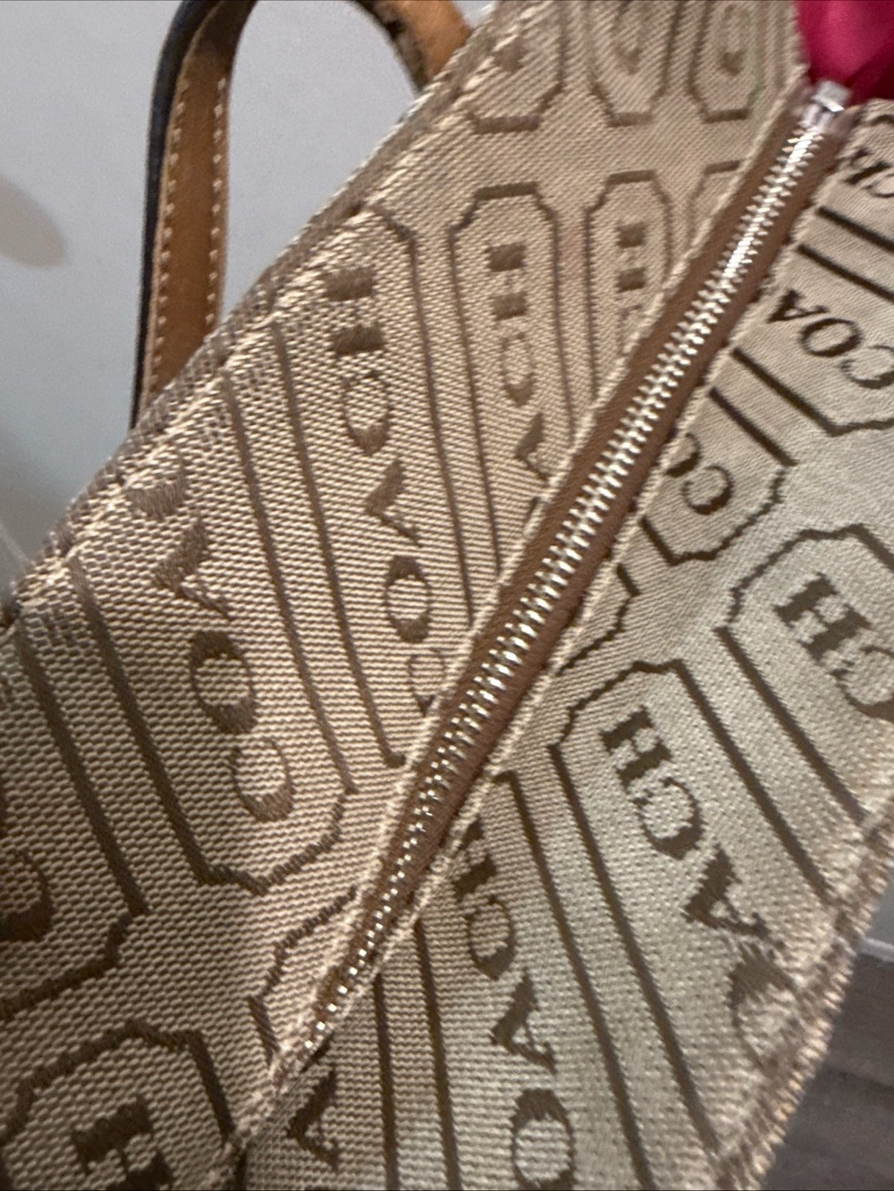 Coach Brown Logo Tote with Pink Accent Stripe - Picture 12 of 14